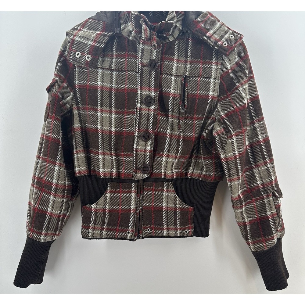 VTG 90's Girls Plaid Bomber Jacket Hooded Red Brown Ribbed Hem Coat XL